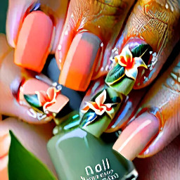Peach/coral ombré nail art with gardenia flowers and muted sage leaves