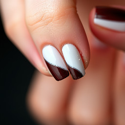 marron nails that say luray in marroon whit and black
