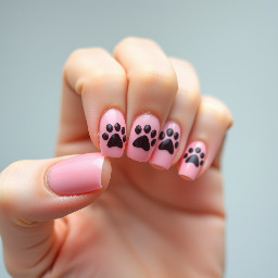 Short almond medium pink nails with 3 dog paw prints on each nail