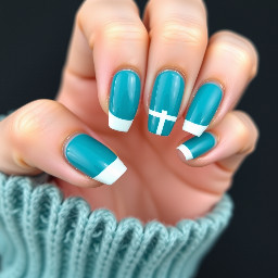 Thumb:      [ Teal ]   Index:      [ Teal with optional thin white tip stripe ]   Middle:     [ Teal ]   Ring:       [ Teal with White '1' long-ways ]  <-- main accent   Pinky:      [ Teal ]