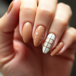 simple almond nails. cute fall vibes. include a grid pattern. really easy and simple. browns beiges and whites