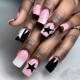 generate an image of medium acrylic nails square. don toliver inspired octane concert. I want “octane” in all caps in black vertically only on the middle finger on its own. I want the same on my other hand middle finger with “E85” in the SAME FONT as the one on the image. I want pink/nude base with white/black french tips. on the other ones i want a star on one of them and white french tips with one black french tip.