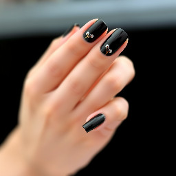 Elegant black nail design with a glossy or matte black base. Delicate floral details in white or soft pink, with thin, minimal linework. Subtle gold accents for contrast. Sophisticated, modern, and minimal