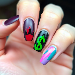 nails where one of them is darkish purple with the katseye logo, one of them is red with 4 claw scratches, and one of them spells katseye and one of them is black with a green dollar sign, and the last one teal and pink. And I want them all to be glossynails where one of them is darkish purple with the katseye logo, one of them is red with 4 claw scratches, and one of them spells katseye and one of them is black with a green dollar sign, and the last one teal and pink
