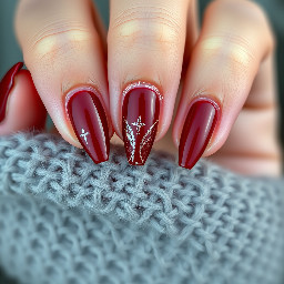 cute dark red stilletto nails. not super complicated but also not boring. simple patterns that would be easy for a beginner nail tech with gel x materials. not basic white girl stuff, but not gothic either. kind of like a regina george or sabrina carpenter style of simple dark red stilletto nails. also colors and styles that would look good on tanned meditteranean tone skin.