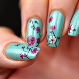 In style of macro photo, single hand, create nail art on fingernails based on: nails centered full view, sharp focus, true color, photoreal, 4k