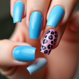 Can you create a design for medium coffin nails, ocean themed/summer themed, blue and maybe pink idk? And leopard spots