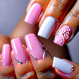 french tip nails, short/medium, with 3D designs on the french tips, white and light pink
