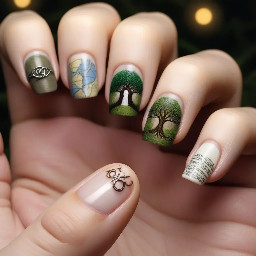 Can I have simple lotr nails where the pinky fingernail has part of the map and the ring fingernail has the one ring and the middle fingernail has a hobbit door and the pointer fingernail has the white hand of Saruman and the thumb fingernail has the Gondor tree pls