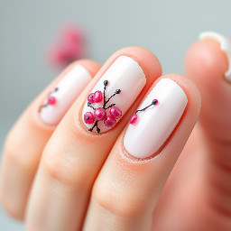 White coquette nails with small pink berries