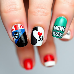 Left hand - thumb: uk flag  -pointer: black nail w white circle and black number 8 in it -middle: red and blue thick strips -ring: a medium teal nail with bold black letters spelling SWAG - a white nail with ":3" in black polish  Right hand -thumb: a yin yang french tip -pointer:a black nail w white words saying girls my swag and a red heart in between girls and my -middle: a fully line green nail with a mincraft creeper face -ring: red nail with white words saying MUSIC -pinky: white nail w black mustache  Shape: OVAL or square