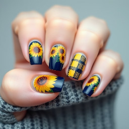 September nails, sunflowers and navy French tips with some nails navy and yellow plaid