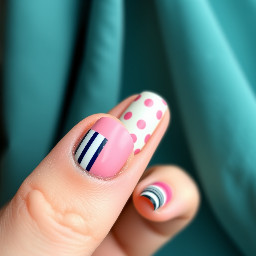 Some white and navy stripes, pointer and ring finger cute French dip, middle horizontal stripes pinky polkadots, and any other few colors that you