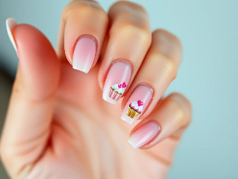 A crisp, detailed close-up photo of a teenager's hand showing off a fresh manicure. The nails are short, almond-shaped with a sheer milky pink base. Must incorporate 14 and cupcakes. Birthday nails. Must be fun and have a design on every nail.