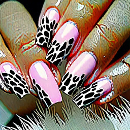 On the ring finger on both hands make it white with black cowprint and also do the same on the thumbs of both hands and on the rest make it a light pink cat eye and make all nails a medium length almond shape