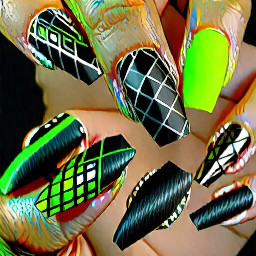 Shape & Length: Long Stiletto or Medium Coffin.Color Palette: Matte Charcoal Black, Neon Cyber Green, and Liquid Chrome Silver.Design Elements:Features a ultra-matte black base coat.Accented with sharp, laser-etched geometric grid lines in reflective chrome.Select accent nails showcase a vivid, neon green "glitch" or circuit-board matrix graphic instead of a smooth blend or French tip.