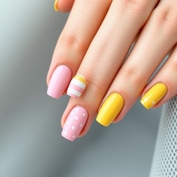 round/almond nails, middle finger blooming gel in a pastel yellow, ring finger pastel pink thin stripes, pinkie pastel pink small polka dots, pointer finger just a plain pastel pink and thumb a pastel yellow large star