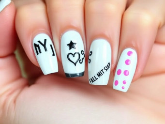 coffin nails, medium length. Thumb, white base with NY logo in black. Pointer finger, white French tip with black star. Middle finger, black French tip with two chrome hearts style crosses in white. Ring finger, white base with ‘Swag’ in black blocky letters down the whole nail. Pinky finger, white French tip with pink dots