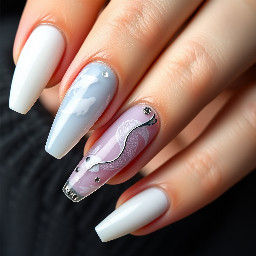 Stelleto medium long nails with white cat eye and coy blue hue to them with white koi fish in the pointer and ring finger the others nails have gems and the middle finger son both have a mirror outline in silver
