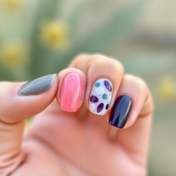 A summer themed nail set with easy designs considering I'm an 11 year old. The colours are grey, a pinkish-clearish shade, and darkish violet shade