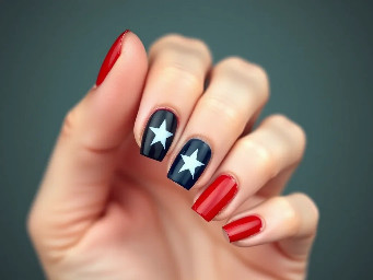 Dark red nails with navy blue ring finger with white star outline