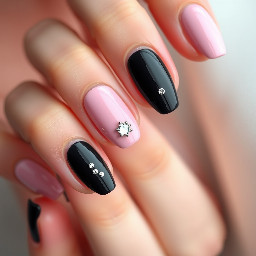 Dyouin style nails, black and pink (like pink base) colour, elegant, soft, use rhine stones