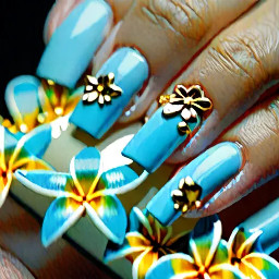 Light blue French tips like the sea with a gold lone before the French tips and a summer flower on the ring finger nail