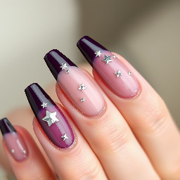 Long almond nails, dark purple modern French tip, with chrome silver stars and rhinestones
