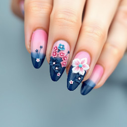 Pink and navy blue almond nails set with 3-D flowers, 3-D designs