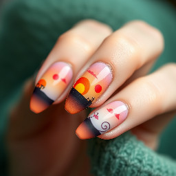 Almond shape nails with a pretty sunset pattern that isn’t too hard to paint