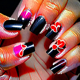 A black French tip with a small tilted XO with a small heart above it tilted sideways on the pointer finger and then a cherry red ombre flower in the middle of the ring finger Medium square shaped