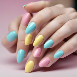 Medium lenght almond nails with the colors tiffany blue, pink and butter yellow. The nails should have a simple authentic desing