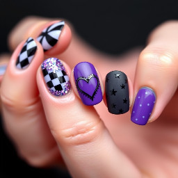 One nail with checkerboard, one nail with glitter around the outside, one nail with a sacred heart in the middle, one nail with stars and one nail small polka dots all with cateye in a purple and black theme