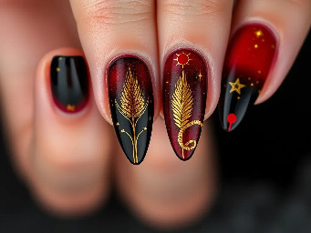 A dark soft gothic persephone inspired set, with main colors being blood red, black and gold accents. The nail art should include symbols like wheat, pomegranate grains, stars and the ouroboros snake. The shape of the nails is medium almond.