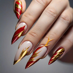 extra long redc nails with gold lightning shapes on them