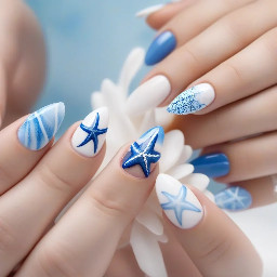 Simple blue and white almond nails with starfish on the middle finger
