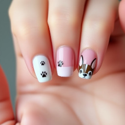 Short minimalist nails. One with a super super tiny chihuahua silhouette, as small as can be. One with two tiny paw prints. One a french tip design, but the french tip is a chihuahua face with big ears.