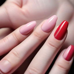 Red pointer finer nail, pinky nail and thumb nail. Light pink middle finger nail and ring finger nail. Red sideways tip on middle finger nail and finger finger nail