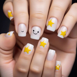White French tips with white stars and on one of the fingers has a yellow base with a smiley face on it
