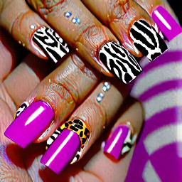 on the left hand medium size, 90's type of square french magenta nails with white leopard and zebra print. On the right hand the same design but oval shape and short. Possibly also rhinestones on the ring finger.