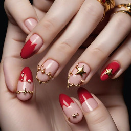 Nude pink base with medium‑to‑long nails in almond style. Blood‑red French tips outlined with metallic gold. Vivienne Westwood orb charms centered on the middle fingers and a gold crescent‑moon charm on each thumb. Tiny pearls and small shiny star accents scattered as delicate detailing across the nails.