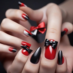 Red and black with a bow nails French tips