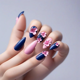 Pink and navy blue almond nails set with 3-D flowers, 3-D designs