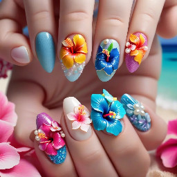 medium-long almond nails, 1-2 nails have a bright colored 3d hibiscus flower with pearl in the middle, other nails are ocean/cruise themed, all bright colors and all different designs