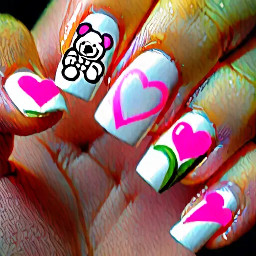 on the ring finger there should be writen ADAM in cursive form so that it’s barley readable and on the small finger some pink hearts and on the middle finger one jasmine flower and on the pointing finger a bing teddybear and on the thumb a big pink heart all the nails should be almond in a soft pink tone and short