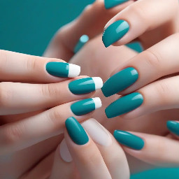 teal nails with a white 1 on the ring finger nail