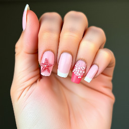 short soft almond nails, pink acrylic base with white french tips, coral starfish with small white dots on top on the index and ring fingers
