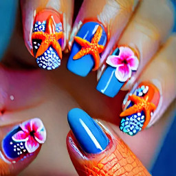 Summer nails: blooming. Flower. Seastar blue/orange/pink