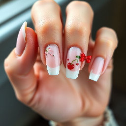 Can you generate a a photorealistic photo of a hand with medium-length almond nails? Neutral nail color, light pink French tips on every nail, and lots of cherry details on the ring finger. No 3D stuff, please. And not too over the top, but sophisticated. Maybe a cute red bow on the ring finger too?