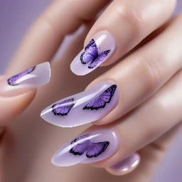 Lavender butterfly wings painted on only the tips of the nails. The rest of the nails are clear coated.